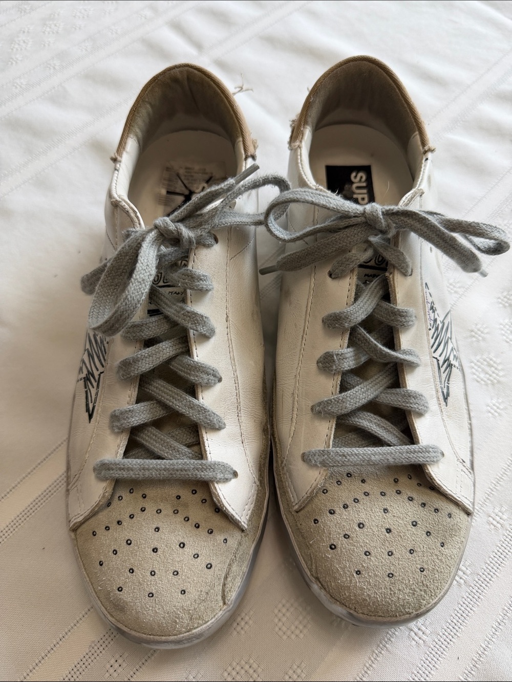 Golden Goose White Leather Sneakers with Gray Suede Toe and Gray Laces